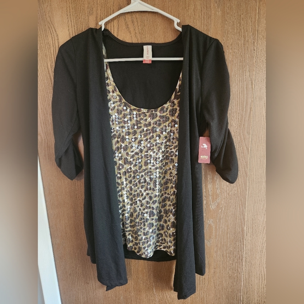 Black Cardigan with Leopard Sequin Tank